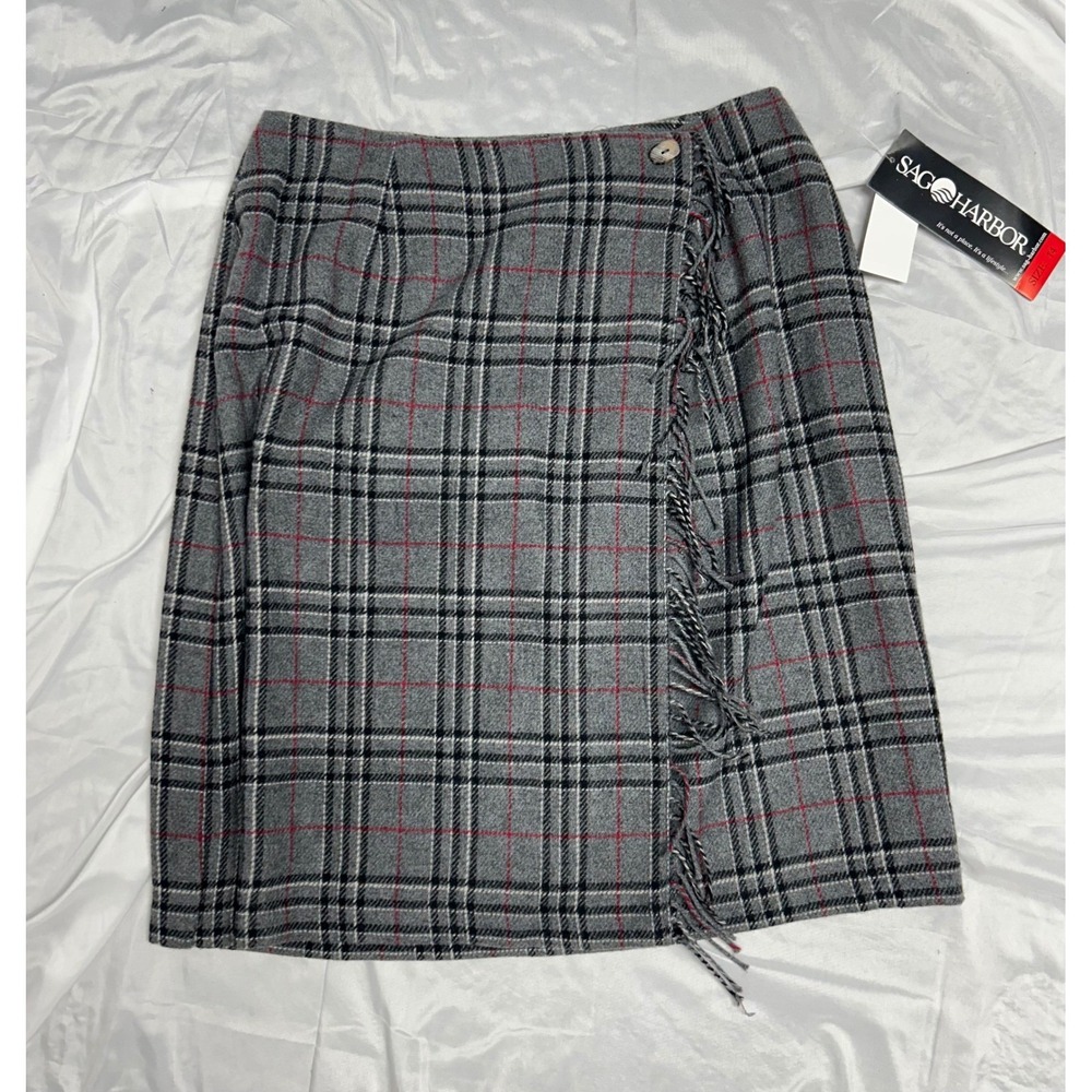 Sag Harbor Grey Tartan Plaid Wool Blend Wrap Skirt Dark Academia Vintage NWT  14